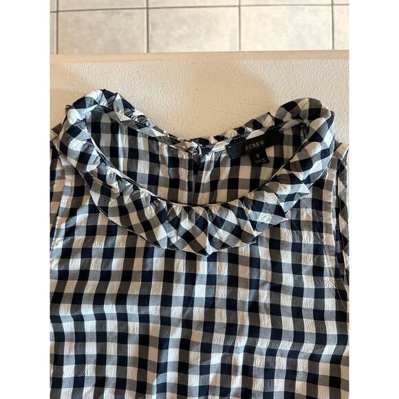 J. Crew Ruffleneck Top on Drapery Gingham Size Small Navy White - Picture 3 of 7